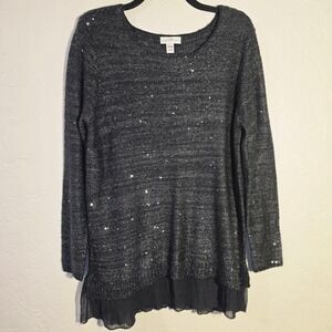 Jaclyn Smith Collection Womens XL Black Sequin Tulle Layered Knit Sweater Tunic